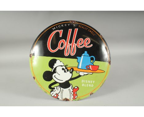 A MICKEY MOUSE COFFEE ENAMEL SIGN. 11ins diameter.