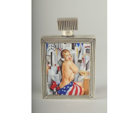 AN .800 SILVER PLATE AND ENAMEL GLAMOUR NUDE PERFUME BOTTLE.
