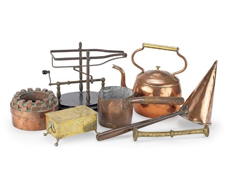 A miscellaneous group of metalwaresComprising a 19th century copper sauce or milk pan, engraved 'W.O.G.' and '126', 11.5cm hi