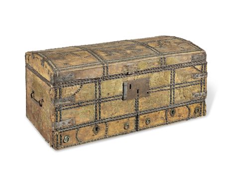 A late 17th century pig-skin covered chest, with drawer, dated 1697The gently domed-lid decorated with six-reserves, formed u