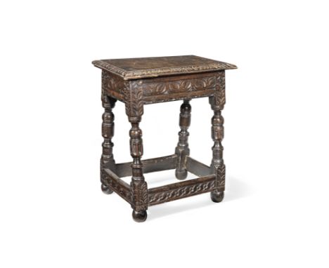 A James I/Charles I oak joint stool, West Country, circa 1620-40 and laterThe top with an egg-and-tongue carved and moulded e