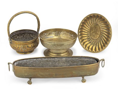 Four items of domestic brassTo include a swirl-gadrooned oval dish, marked to the underside with Neptune (a male figure holdi