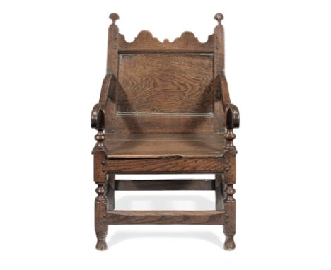 A william &amp; Mary joined oak panel back adolescent's open armchair, North Country,  circa 1690Having a well-figured back p