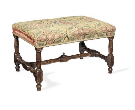 An early 18th century joined elm and beech upholsered stool, circa 1700-40The rectangular stuff-over seat with velvet and nat