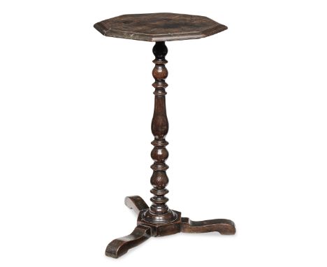 A William &amp; Mary walnut and oak candlestand, circa 1700Having an octagonal top with ovolo-moulded edge, a ball and balust