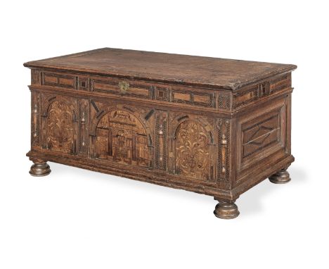 An impressive Elizabeth I joined and boarded oak and marquetry-inlaid cabinet superstructure, Southwark, circa 1570Having a b