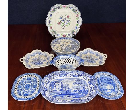 A blue and white Spode platter along with a collection of miscellaneous similar ceramics. Largest H.36 W.28cm