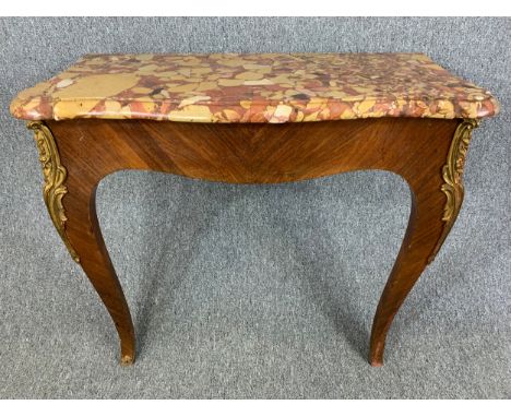 A 19th century kingwood and ormolu mounted Louis XV style console table with rouge breccia marble top. (Old repair to the top
