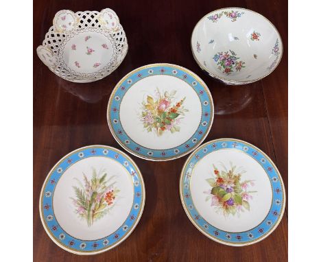 Three 19th century hand decorated Royal Worcester comports, a pierced Meissen dish and 19th century bowl. Largest D.23.5cm