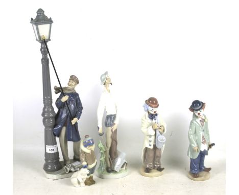 Five Lladro ceramic figures. Comprising two clowns, a small boy and his dog, a bullfighter and a man standing beside a lamppo
