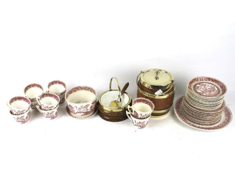 A 19th century ten setting tea service and two wooden ice buckets. The tea set in the red 'Willow' pattern, including side pl