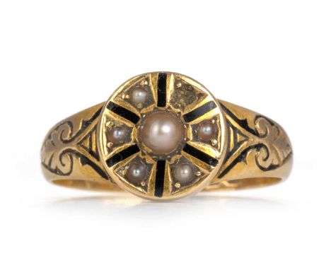 VICTORIAN SEED PEARL AND ENAMEL MOURNING RING, the central circular panel set with seed pearls and black enamel, inscription 