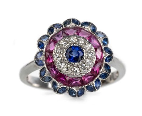 RUBY, SPINEL AND DIAMOND RING, of cluster design, marked 750, size PQty: 3.4g