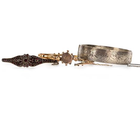 VICTORIAN GARNET BANGLE, AND TWO OTHERS the garnet bangle with stones to each hinged section, unmarked, along with a broken n