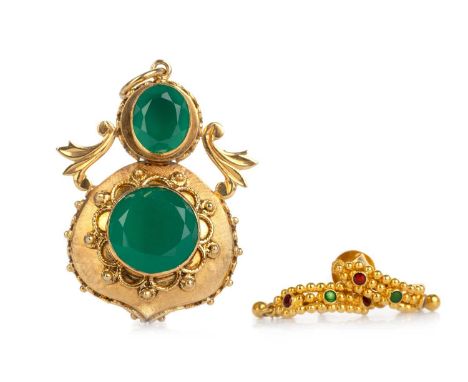 GEM SET PENDANT ALONG WITH A PAIR OF EARRINGS, set with four simulated green stones, in unmarked gold, along with a pair of e