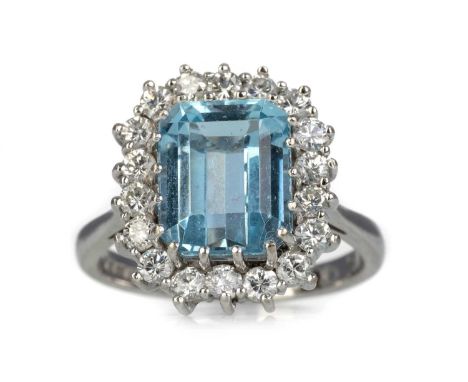 AQUAMARINE AND DIAMOND CLUSTER RING, set with a step cut aquamarine of approximately 3.00 carats, within a halo of round bril