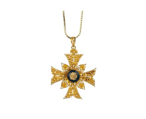 PORTUGUESE CROSS PENDANT ON CHAIN, the ornate cross with central enamel section, 19.2 carat gold, Portuguese Stag hallmark, o
