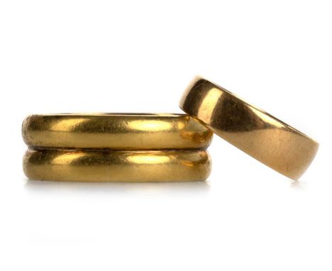 DOUBLE WEDDING BAND AND ANOTHER WEDDING BAND, the double band unmarked, tests as 18 - 22 carat, size R 1/2, the other marked 