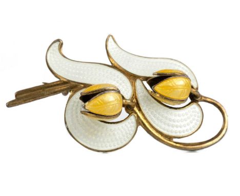 AKSEL HOLMSEN, LILY OF THE VALLEY SILVER AND ENAMEL BROOCH in white and yellow enamel, signed to the reverseNo apparent damag