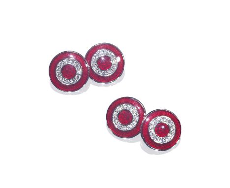 JUDITH LEIBER: A PAIR OF SIR MICHAEL CAINE'S CUFFLINKSDouble-sided: Each red guilloché enamel terminal accented by circular-c