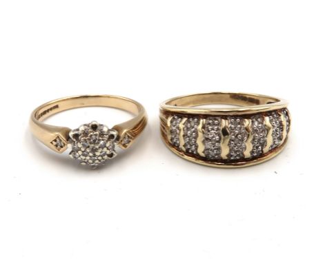 Two 9ct gold diamond set rings to include a cluster, size K 1/2 and a three row eternity ring size P1/2. Weight 5.63 grams