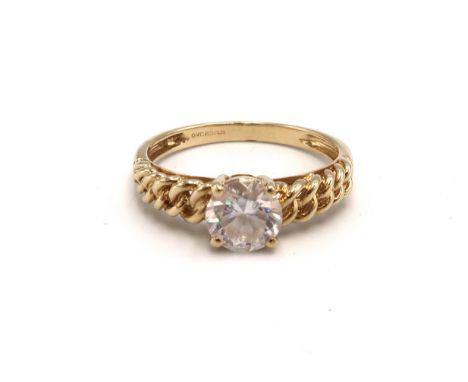 A 9ct Yellow Gold White Zircon Solitaire Ring, Zircon approx. 1crt with Rope Work Shoulders, Ring Size approx. N/O, Head Size