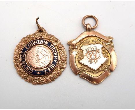 Two 9ct yellow gold medals with pendant loop - the first of shield form engraved to back Leeds Road Club, the second of circu