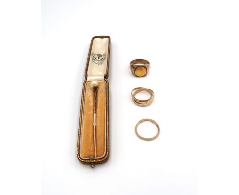 A hallmarked 9ct yellow gold signet ring with a 22ct coin to centre, size Q, a hallmarked 9ct yellow gold band ring, size N, 