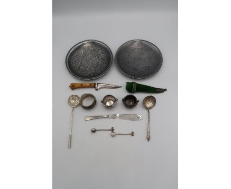 A group of Indian white metal wares, comprising a pair of salts of twin handled form the spoons having bowls formed from 1917