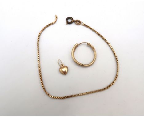 A 9ct gold box-link chain with later base metal clasp, a 9ct gold miniature heart pendant, and a hoop earring, unmarked but t