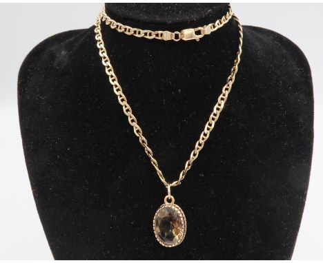A 9ct gold flat curb, cable link necklace, 10.7g, 47cm long, and a smokey quartz pendant set in 9ct gold claw mount, unmarked