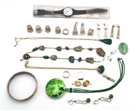 A group of costume jewellery including 9ct gold and silver ring, an enamel Mary and Joseph pendant, Mexican silver ring, silv