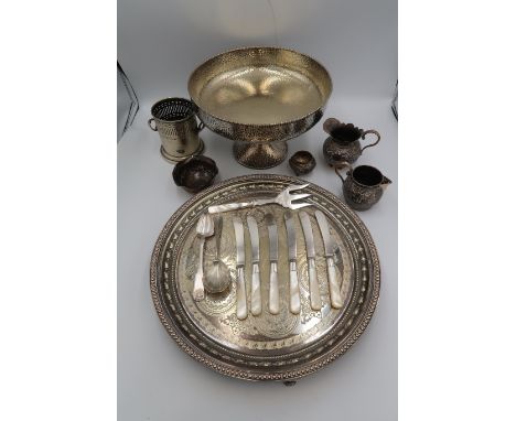 A group of white metal wares and silver plate, including various Indian wares, comprising an Indian jug with sparow beak, ano
