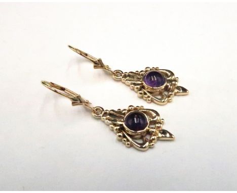 A pair of 9ct Yellow Gold (Tested) Vintage Cabochon Cut Amethyst Drop Ear Rings, Head Size Includes Ear Pendants approx. 36mm