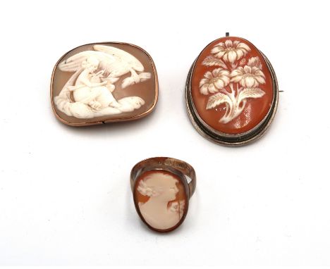 Two cameo brooches and a cameo ring - The cameo ring set in 9ct yellow gold (hallmarked), one cameo brooch set in 9ct yellow 