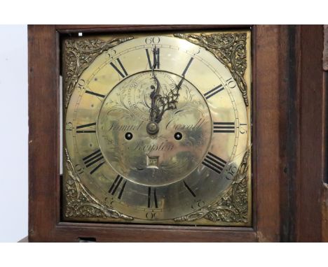 An 8 day longcase clock with a square 12 inch brass dial signed Samuel Coxall Royston - in an oak case with its weights and p