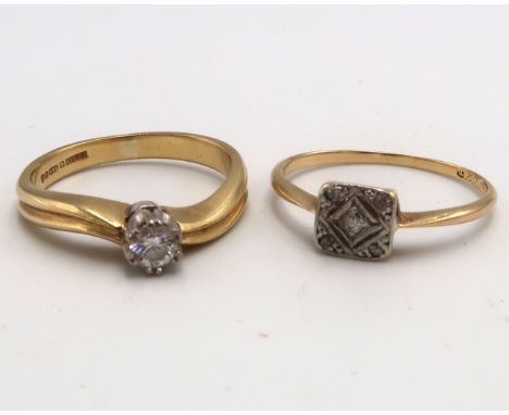 Two diamond rings - An 18ct yellow gold (hallmarked) single stone diamond ring - diamond weight approx 0.22ct - ring size M -