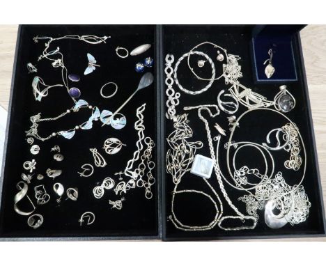 A group of silver and silver and enamel jewellery incluidng enamel necklace, pendant earrings and butterfly brooch, two tone 
