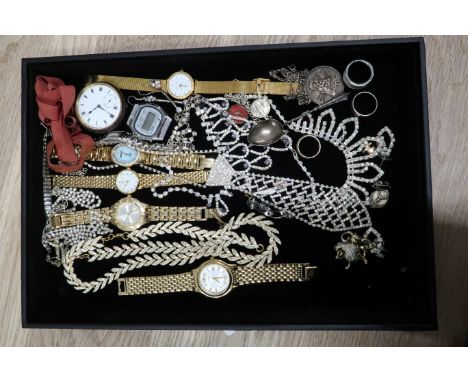 A large grou of silver and vintage costume jewellery including a silver mary medalion, lion two tone brooch, paste collar nec