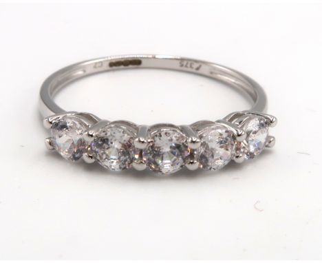 A 9ct white gold and cubic zirconia five stone ring, size U, 2.2g.
