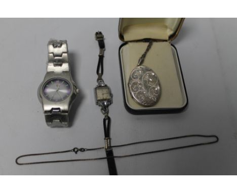 TWO WRIST WATCHES TOGETHER WITH A LOCKET AND CHAIN PLUS ANOTHER CHAIN 
