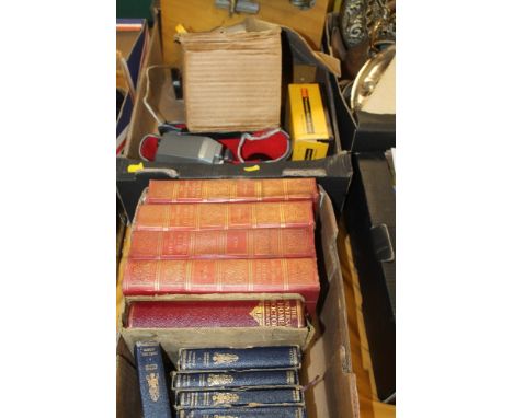 A BOX OF ASSORTED BOOKS TOGETHER WITH A PROJECTOR, RETRO MOVIE CAMERA, ETC 