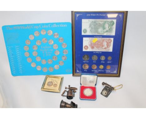 A QUANTITY OF ASSORTED COLLECTABLES TO INCLUDE COINS AND PENCIL SHARPENERS, WALKING STICK, ETC