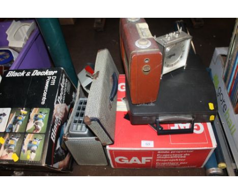 A QUANTITY OF PROJECTOR EQUIPMENT TOGETHER WITH ASSORTED ELECTRONICS, CLOCKS, ETC 