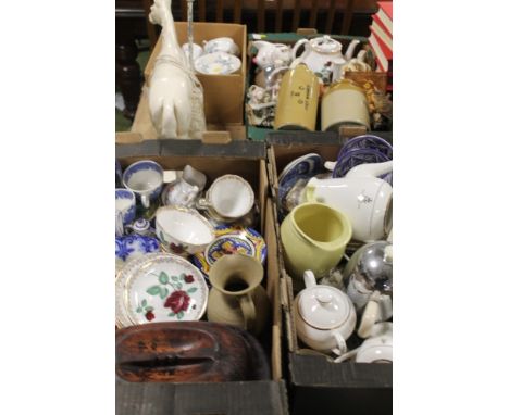 FOUR TRAYS OF ASSORTED CHINA AND CERAMICS TO INCLUDE PARAGON, PICTURE PLATES, CERAMIC WATER BOTTLE, ETC 