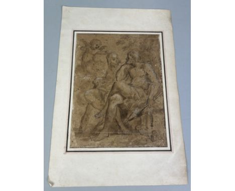 ITALIAN OLD MASTER SCHOOL: A 17TH CENTURY PENCIL DRAWING WITH BROWN INK, WASH AND TRACES OF WHITE HEIGHTENING DEPICTING HERCU