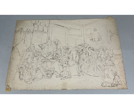 AFTER WILLIAM HOGARTH: AN BROWN INK DRAWING ON PAPER DEPICTING THE INTERIOR OF A SALON WITH FIGURES AND DOGS47cm x 32cm