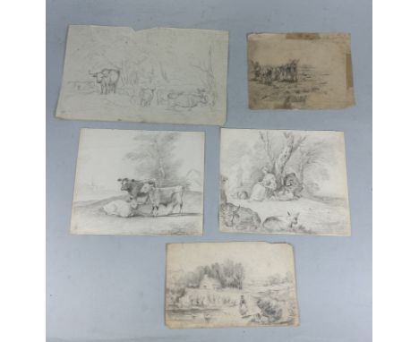 A COLLECTION OF FIVE OLD MASTER STYLE SKETCHES DEPICTING CATTLE AND COUNTRYSIDE INCLUDING TWO ATTRIBUTED TO GEORGE FROST (BRI