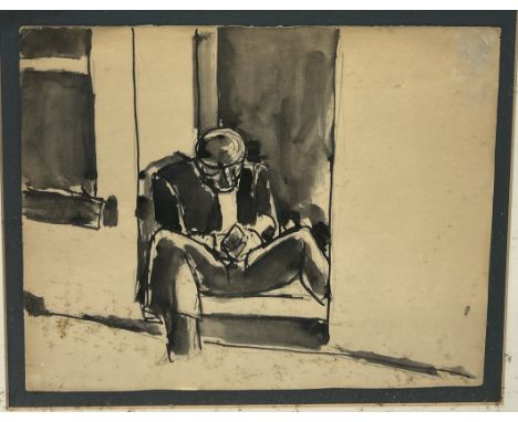 A JOSEF HERMAN (POLISH-BRITISH): A PEN AND INK WASH DRAWING DEPICTING A SEATED MINER,Provenance: Beaux Arts, Maddox Street Lo