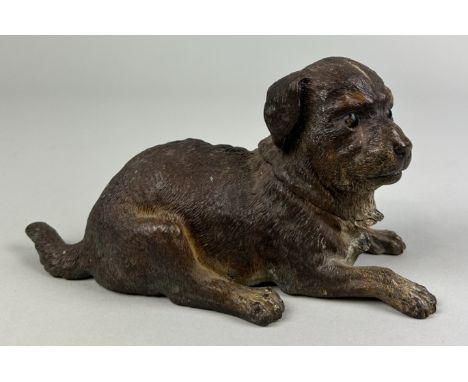 A COLD PAINTED BRONZE VIENNESE DOG INKWELL MARKED 'DEPOSE' TO VERSOWith registered mark.20cm x 9.5cm